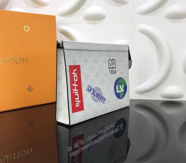 LV手包 M61692 白花地球絲印 頂級原單 全新中號手袋 路易威登男手拿包  ydh2819